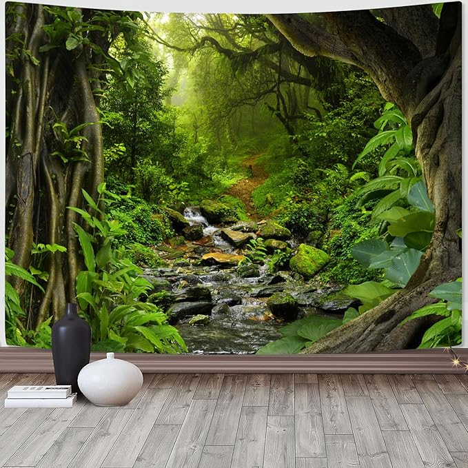 AMM Green Rainforest Tapestry Nature Forest Tapestry for Bedroom Aesthetic Misty Tropical Jungle Trees Flowing Stream Landscape Tapestries Wall Hanging for Living Room Dorm 80 x 60 Inch-Ruum Studio Home