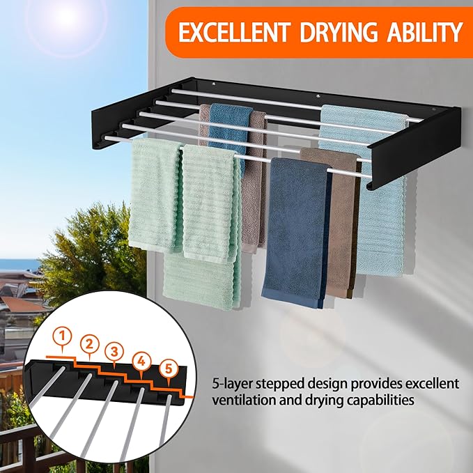 FOCHIER F Laundry Drying Rack Wall Mounted Clothes Drying Rack Collapsible with 5 Aluminum Rods and Drilling Template Long Screwdriver Bit 60 lbs Capacity (Black, 31.5")-Ruum Studio Home