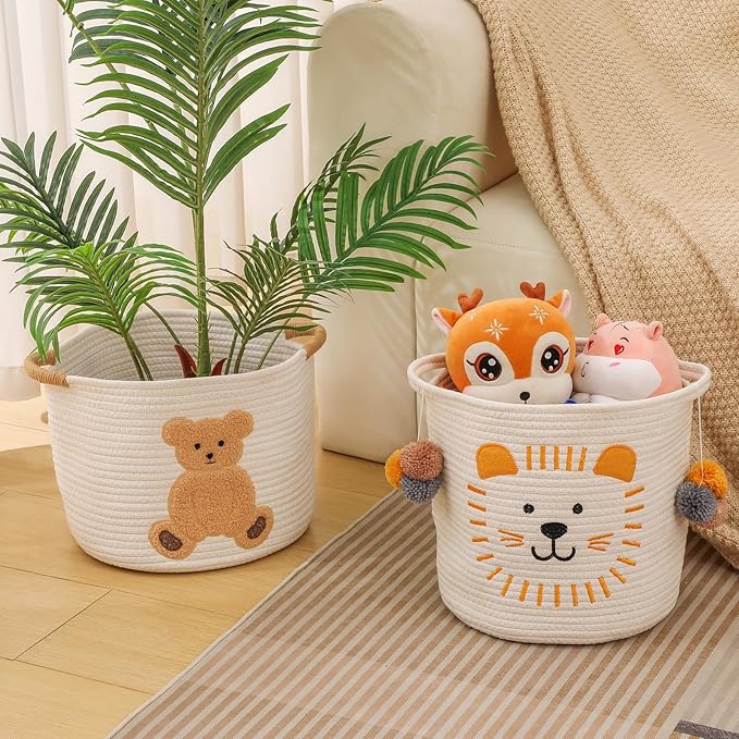 Large Blanket Baskets for Living Room Decor, Toy Storage Baskets Woven Cotton Rope Animal Storage Basket for Kids, Dog Toys Organizer Clothes Hamper with Embroidery Decor for Nursery (Large, Lion)-Ruum Studio Home