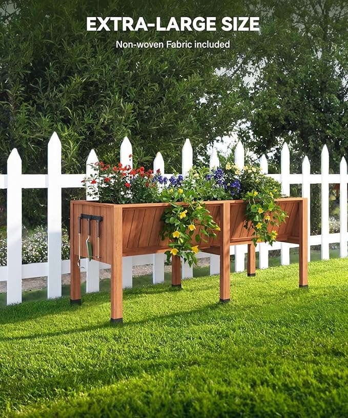 72x26x31 Inch Raised Garden Bed with Legs, 13.7In Depth Wooden Planter Box for Outdoor Growing Vegetables and Herbs, Elevated Garden Bed with Hooks for Backyard, Patio, Balcony-Ruum Studio Home