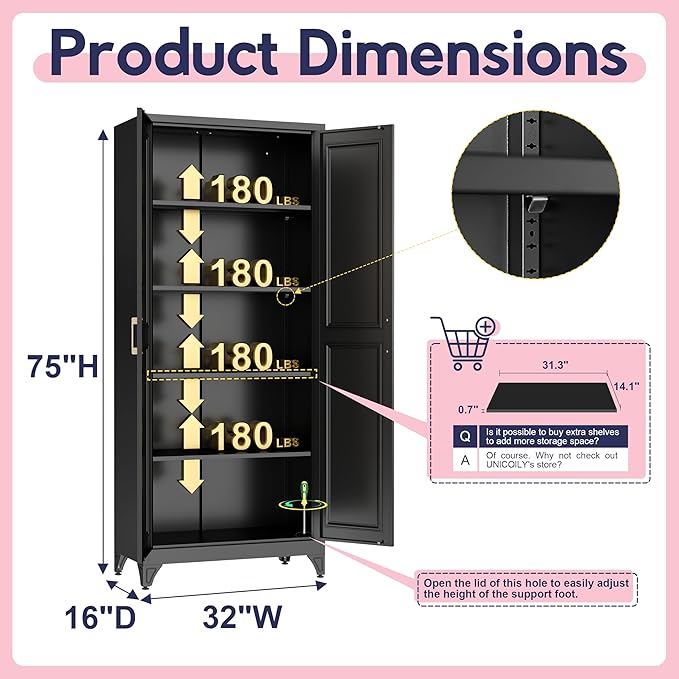 75" Storage Cabinet, Metal Pantry Cabinet, Kitchen Pantry Storage Cabinets with Doors and 4 Shelves, Cabinets for Laundry Room, Living Room, Dinning Room, Assembly Required, Black-Ruum Studio Home