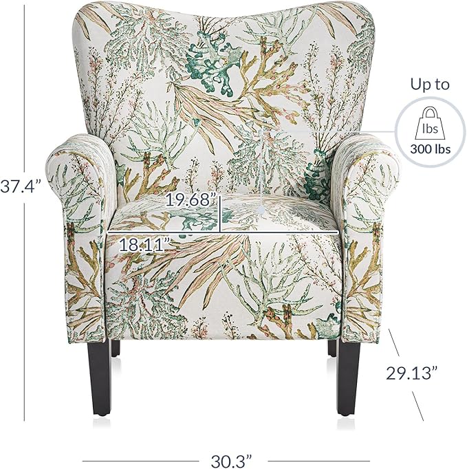 BELLEZE Modern Accent Chair for Living Room, High Back Linen Armchair with Wooden Legs, Upholstered Wingback Side Chair Padded Armrest Single Sofa for Living Room, Bedroom - Allston (Green Coral)-Ruum Studio Home