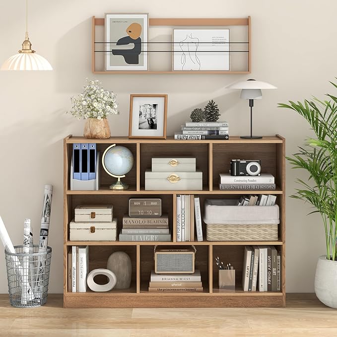 Tangkula 8-Cube Bookcase, Wood 3 Tier Open Storage Bookshelf, Modern Multipurpose Display Cabinet for Living Room, Study, Reading Nook, 48 x 12.5 x 36.5 Inch, Natural-Ruum Studio Home