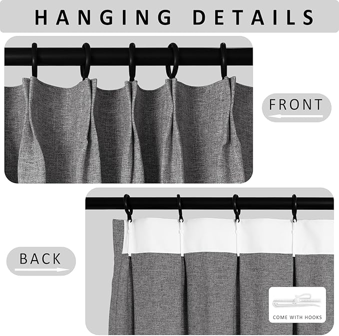 Macochico Extra Wide Full Blackout Linen Curtains for Sliding Door Gray Pinch Pleated Linen Curtains 96 Inches Long for Bedroom Living Room Farmhouse with Tieback 120”Wx96”L 1 Panel-Ruum Studio Home