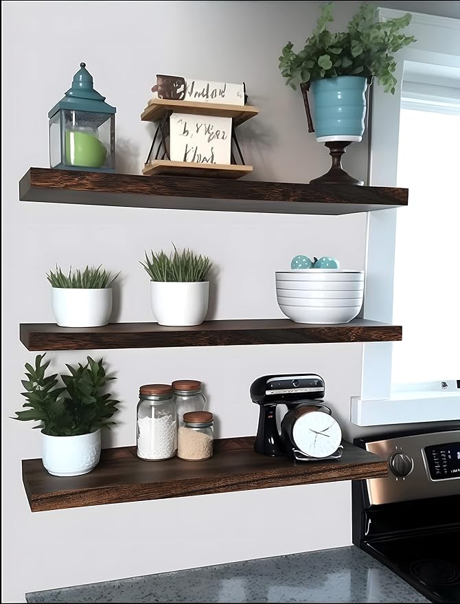 Wood Floating Shelves for Wall Decor, Rustic Wall Shelves for Bedroom Bathroom Kitchen Living Room, Set of 4 Walnut 24 Inch-Ruum Studio Home