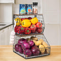 Fruit Basket, Stackable Wall Mounted Fruit Baskets, Potato Baskets Onion Storage for Kitchen, Hanging Wire Basket with Wood Lid, 2-Tier Vegetable Organizer Kitchen Countertop Organization-Ruum Studio Home