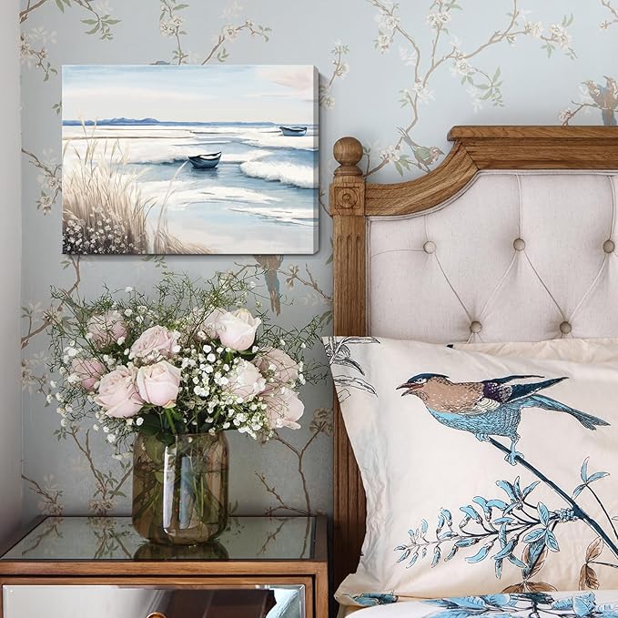 amatop Coastal Wall Art - Nautical Ocean Canvas Print with Light Blue & White Seascape, Boat, Reeds - Beach Picture for Modern Farmhouse, Lake House, Bedroom, Bathroom, Beach-Themed Artwork，16x12-Ruum Studio Home
