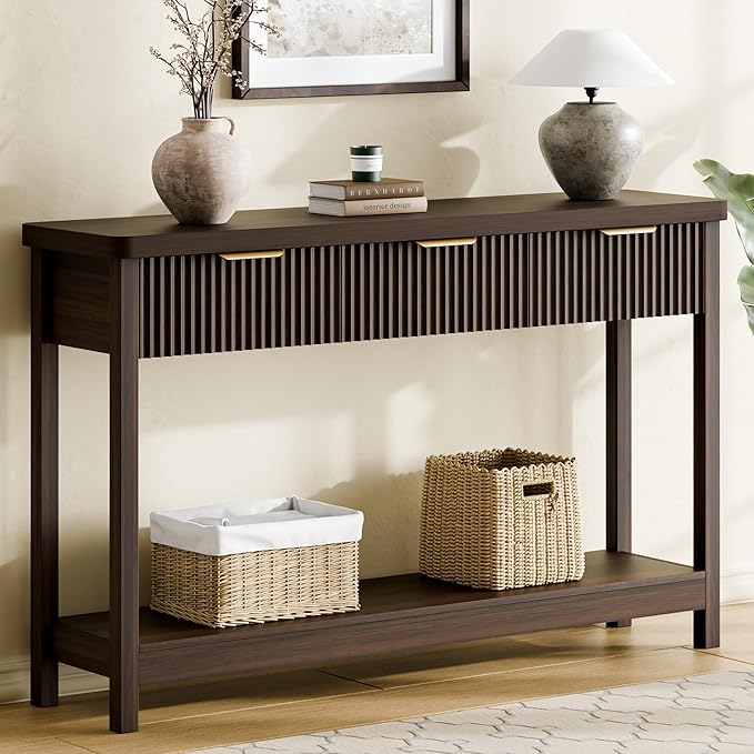 Lulive 51" Fluted Console Table for Entryway, Entryway Table with 3 Wooden Drawers, Farmhouse Behind Sofa Table for Living Room, Hallway, Couch, Foyer-Ruum Studio Home