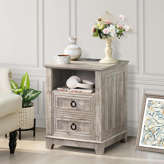 18" Farmhouse Night Stand with Charging Station, 2 Drawers End Table Dresser for Bedroom, Oak Wooden Nightstand, Bed Side Table with Open Shelf, Bedside Cabinet for Living Room, Closet-Ruum Studio Home