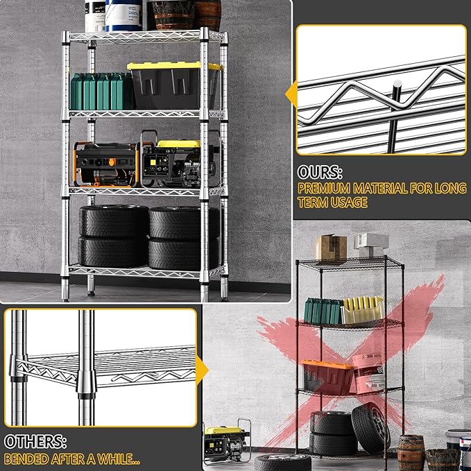 1000 lbs 4 Tier Shelf Metal Storage Shelves Wire Rack Closet Organizers for Garage Kitchen Bathroom Laundry Chrome 11.8" D x 25.6" W x 45.5" H-Ruum Studio Home