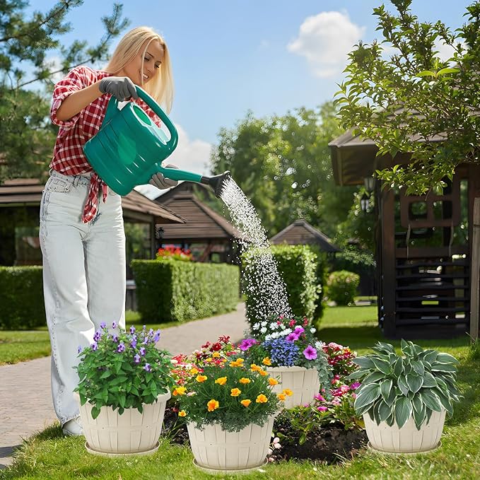 Quarut 12 Inch Large Planter Pot for Plants Indoor Outdoor, 4 Pack Plastic Flower Pots with Drainage Hole & Tray, Modern Decorative Garden Pot with Saucer, Plant Container for House（White）-Ruum Studio Home