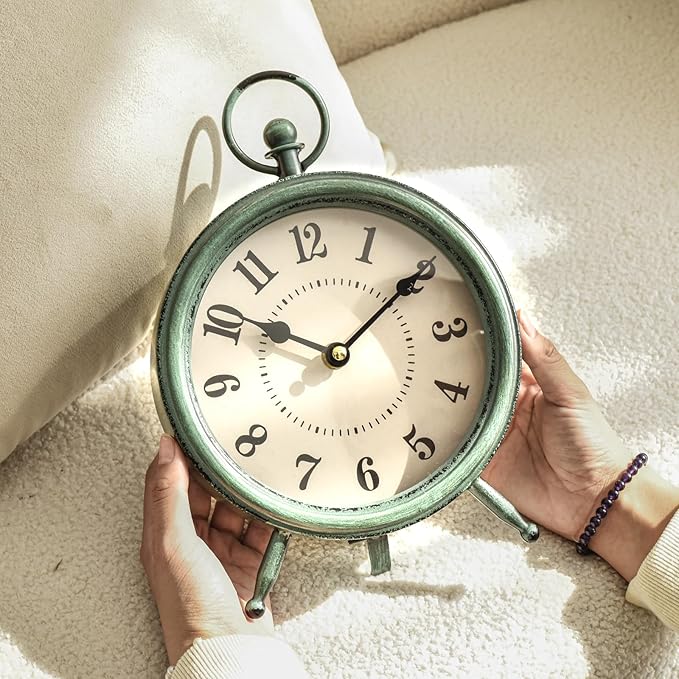 Vintage Rustic Green Table Clock on Stand, Decorative Desk and Shelf Clock，Decorative Battery Operated Table Top Clock for Living Room，Silent Non-Ticking-Ruum Studio Home