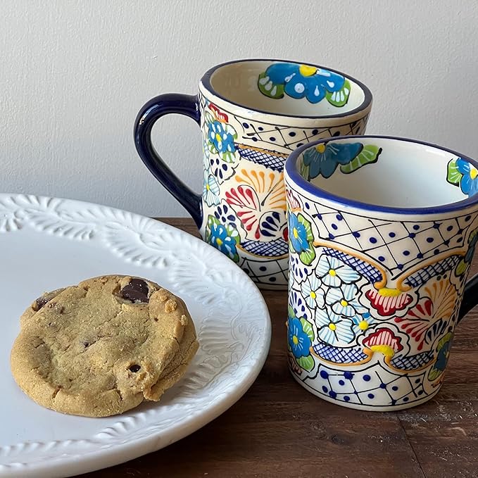 Encantada Handmade Hand-Painted Authentic Mexican Pottery Mugs (Multi Blue Green)-Ruum Studio Home