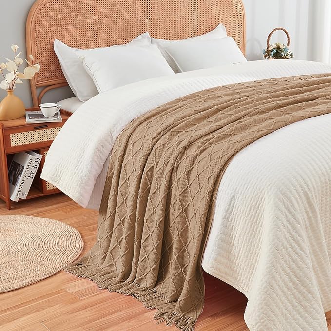 inhand Knitted Throw Blankets for Couch and Bed, Soft Cozy Knit Blanket with Tassel, Khaki Lightweight Decorative Blankets and Throws, Farmhouse Warm Woven Blanket for Men and Women, 60"x80"-Ruum Studio Home