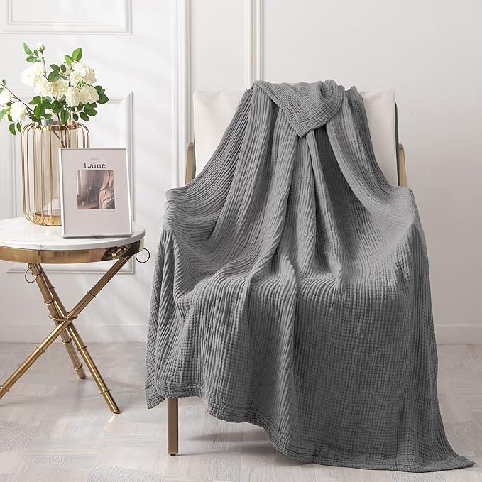 EMME Muslin Grey Twin Blanket 100% Cotton Bed Blankets for Adults and Baby 60"x80" Lightweight Soft Breathable All Season Solid Pre-Washed Gauze, Grey-Ruum Studio Home