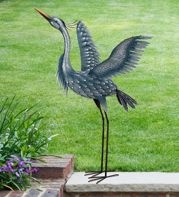 Regal Art & Gift Outdoor Garden Décor, Unique Bird Sculpture, Rustic Metal Bird Statues, Garden Ornaments, Bird Figurine for Lawn, Decorative Sculpture, Heron, Blue, Wings Up, 47"height-Ruum Studio Home