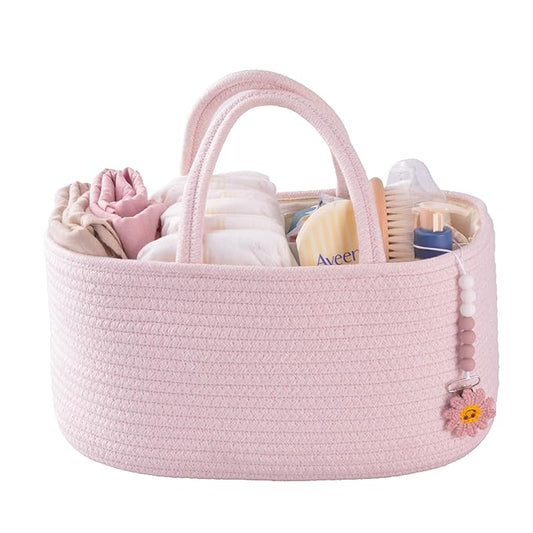 Baby Diaper Caddy Organizer for Girl Boy Rope Nursery Storage Bin Basket Portable Holder Tote Bag for Changing Table Car Travel Baby Shower Gifts Newborn Essentials Registry Must Have Items Pink-Ruum Studio Home