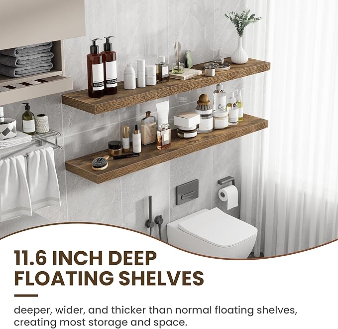 55 Inch Floating Shelves, 12 Inch Deep Floating Shelves for Wall, Floating Shelf with Invisible Brackets, Deep Shelves for Bathroom, Bedroom, Living Room, 1 Pack, Brown-Ruum Studio Home