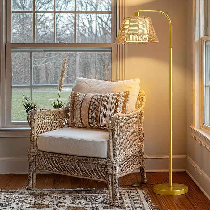 Oneach Arc Floor Lamp for Living Room with 3 Color Temperatures, Farmhouse Floor Lamps with Remote & Dimmable Bulb, Rattan Boho Floor Lamp with Hand-Woven Wicker & Fabric Shade-Ruum Studio Home
