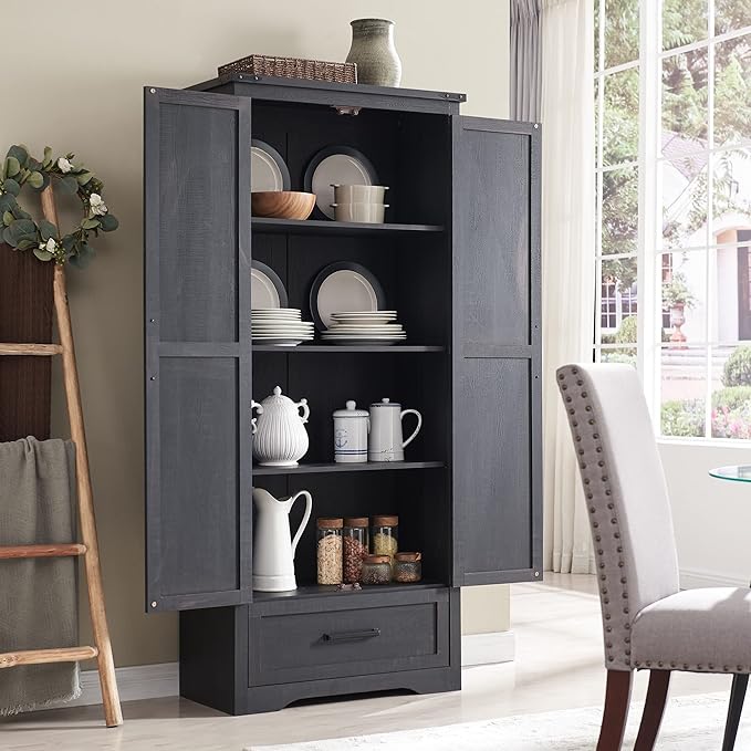 Farmhouse Kitchen Pantry Cabinet - 72" Tall Large Wood Kitchen Storage Cabinets with Adjustable Shelves & 2 Barn Doors & Drawer, Versatile Storage for Dining Room, Bathroom, Living Room, Antique Black-Ruum Studio Home