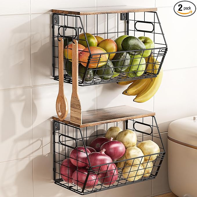 Delamu 2-Pack Stackable Metal Fruit Basket with Wood Lid-Wall Mounted & Countertop Organizer for Kitchen,Pantry- Ventilated Storage for Onions,Potatoes,Fruits,Spices (12"x 8"x 8-5/16")-Ruum Studio Home