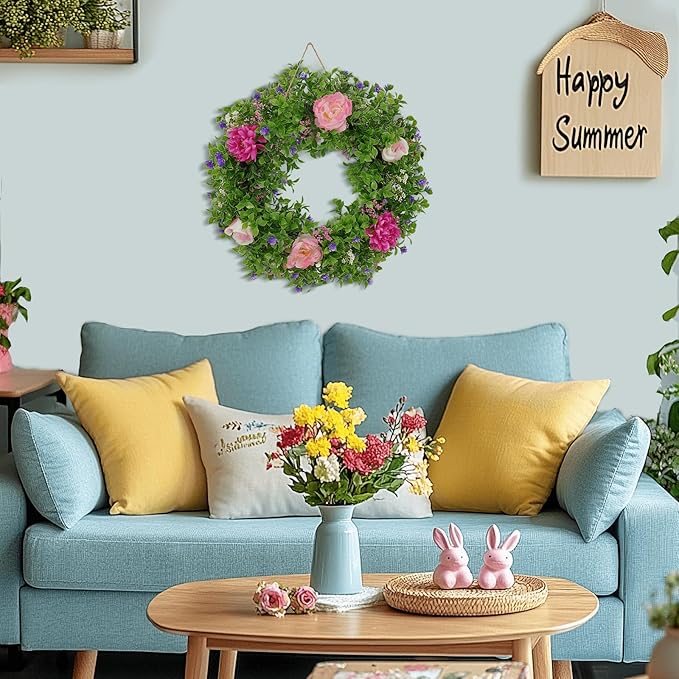 Summer Wreaths for Front Door - 18 Inch Artificial Greenery Wreath, Spring Floral Door Hanging with Textured Leaves, All-Weather Porch Decor for Farmhouse Entryway-Ruum Studio Home