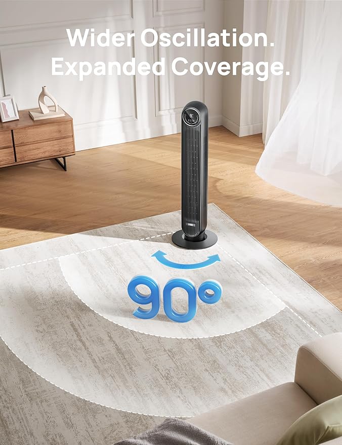 Dreo Tower Fan for Bedroom, 25ft/s Velocity Quiet Floor Fan, 90° Oscillating Fans for Indoors with 4 Speeds, 4 Modes, 8H Timer, Standing Fans, Bladeless Fan, Black, Nomad One (DR-HTF007)-Ruum Studio Home