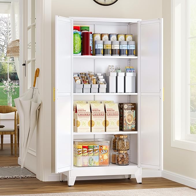 Metal Pantry Cabinet, Kitchen Pantry Storage Cabinets with 2 Door and 3 Adjustable Shelves, White Kitchen Pantry Cabinet, Freestanding Cupboard for Dining Room Living Room Bathroom-Ruum Studio Home