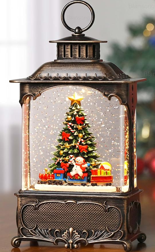 Christmas Tree Snow Globe Lantern Christmas Decorations Gifts Auto Snowfall Glitter Music Collection Snowman Train Candy Cane with 6H Timer USB/Battery Powered 10.2 inch-Ruum Studio Home