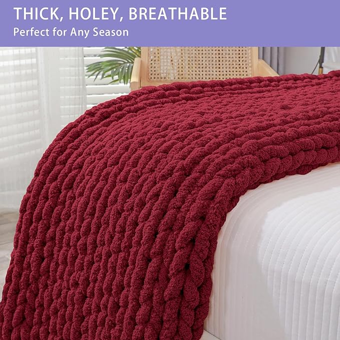 Bigacogo Chunky Knit Throw Blanket for Couch, 40x40 inches, 100% Hand Knitted with Thick Jumbo Chenille Yarn, Cozy Soft Large Rope Knot Cable Crochet Blankets for Sofa Bed Living Room, Red-Ruum Studio Home