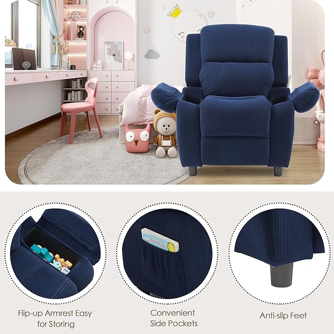 Ulax furniture Corduroy Kids Recliner Chair, Toddler Armrest Sofa Couch, Ergonomic Adjustable Lounge Sofa with Footrest, Padded Backrest, Storage Arms, Navy Recliner for Girls and Boys-Ruum Studio Home