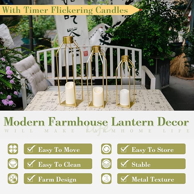 HPC Decor Modern Farmhouse Lantern - 22'' 19'' Large Tall Gold Metal Candle Lanterns with Timer Flickering Candles for Living Room, Outdoor, Fireplace Mantle Decor-Ruum Studio Home