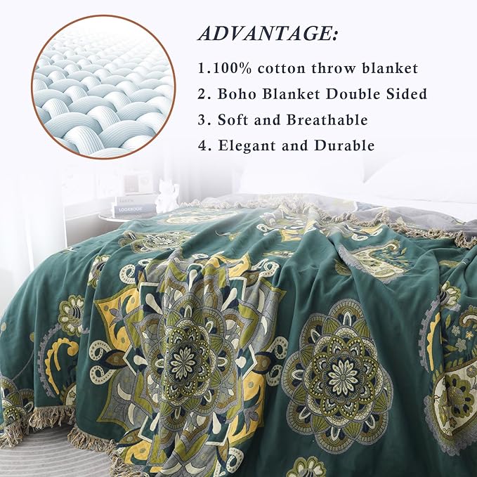 Snycler Boho Throw Blanket for Bed - 100% Cotton Ultra Soft Rustic Quilt - Green Boho Floral Printed Farmhouse Decor Bed Blankets, 60"×80" All Season Rustic Throw for Sofa Couch Chair-Ruum Studio Home