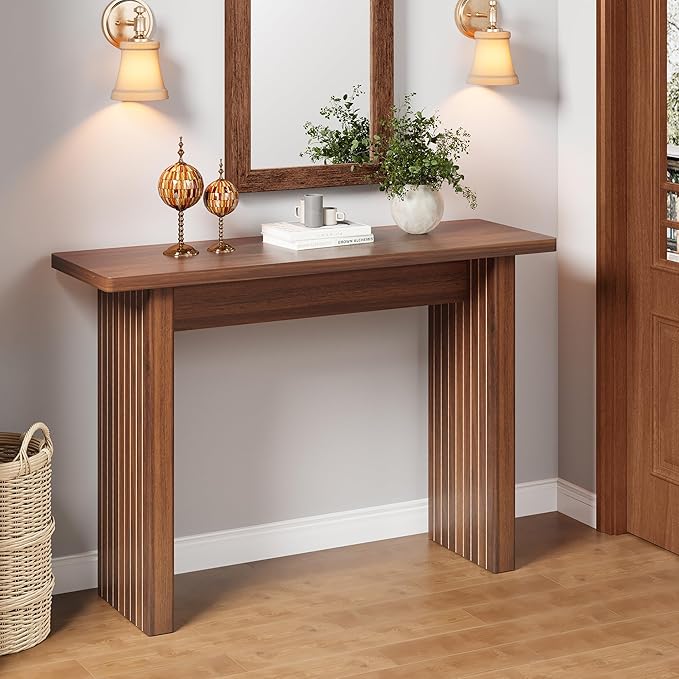 AVZEAR Mid Century Narrow Entryway Console Table, 43.3" Fluted Wood Couch Table Behind Sofa Long and Skinny for Living Room Hallway Entrance Foyer, Walnut-Ruum Studio Home