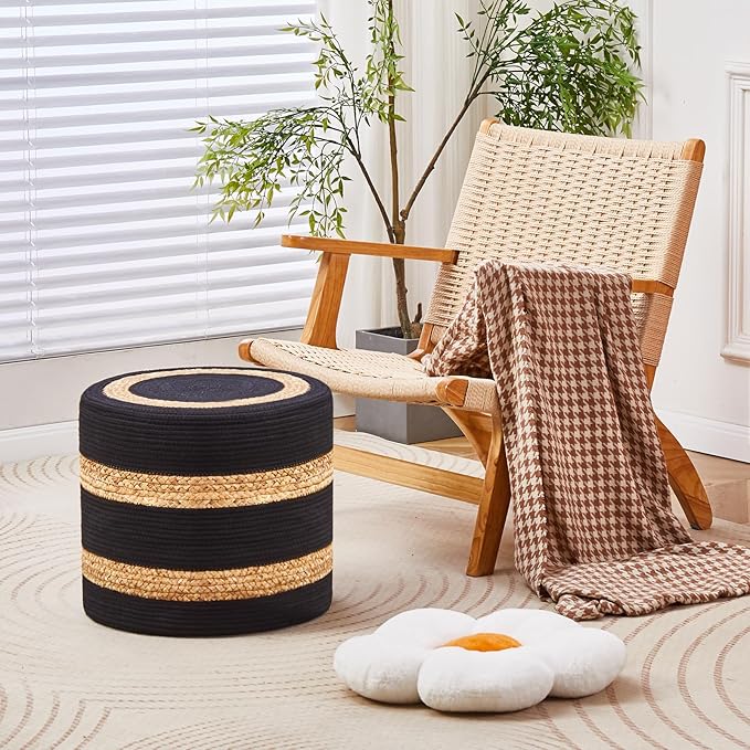 Wimarsbon 18'' Ottoman Pouf, Natural Braided Poof, Rustic Handweave Lounge Pouffe, Boho Footrest Stool for Bedroom, Accent Table or Seat for Living Room (Natural Water Hyacinth + Black Cotton Rope)-Ruum Studio Home