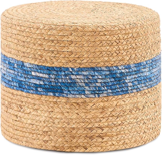 Handwoven Water Hyacinth Ottoman Pouf, Round Outdoor Footstool with Sturdy Frame, No Assembly Needed, Boho Accent Stool for Indoor & Outdoor Use – Patio, Balcony, Living Room (Blue)-Ruum Studio Home