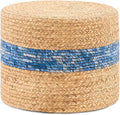 Handwoven Water Hyacinth Ottoman Pouf, Round Outdoor Footstool with Sturdy Frame, No Assembly Needed, Boho Accent Stool for Indoor & Outdoor Use – Patio, Balcony, Living Room (Blue)-Ruum Studio Home