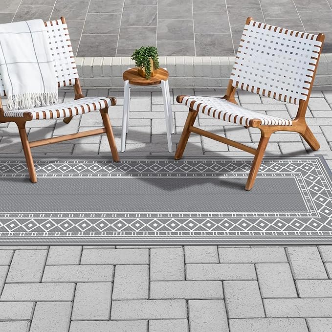 GENIMO Outdoor Rug Waterproof for Patio, 2.5'x8' Foldable Reversible Plastic Straw Runner Rugs and Carpet for Porch, Outside Area Mat for Rv, Deck, Picnic, Camper, Balcony, Beach, Grey & White-Ruum Studio Home