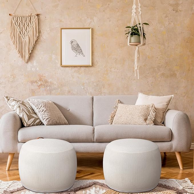 2 Pack Round Inflatable Pouf Ottoman Foot Rest for Couch 20 x 16 Inch Cozy Portable Floor Corduroy Poufs Foot Stool Ottoman with Pump for Living Room Bedroom Chair, Beige-Ruum Studio Home