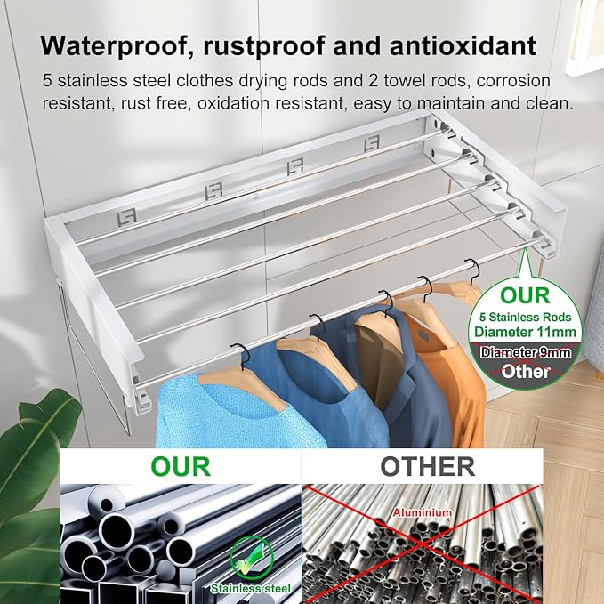 Wall Mounted Drying Rack, Foldable Laundry Rack, Collapsible Drying Rack, 5 Stainless Rods, Wall Mounted Clothing Rod with 2 Towel Bar, 90 lb Capacity, 31.5" White-Ruum Studio Home