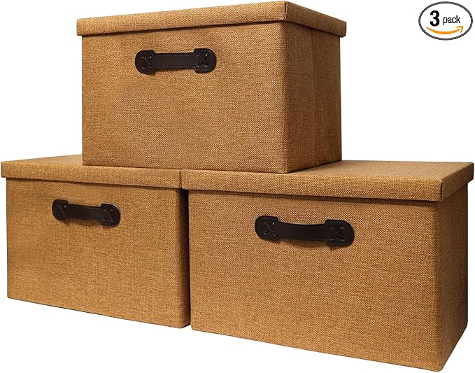 Enzk&Unity Decorative Storage Bins with Lids, Fabric Linen Foldable Storage Box with Handle Home Organizer for Shelf, Closet, Bedroom, Living Room, Office, 3 Packs, Brown-Ruum Studio Home
