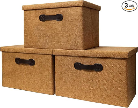 Enzk&Unity Decorative Storage Bins with Lids, Fabric Linen Foldable Storage Box with Handle Home Organizer for Shelf, Closet, Bedroom, Living Room, Office, 3 Packs, Brown-Ruum Studio Home