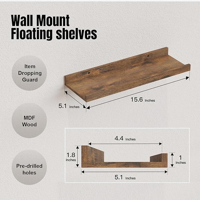 RICHER HOUSE 8 Set Floating Wall Mounted Shelves, Nursery Hanging Book Shelves with Lip for Storage, Display Picture Ledge Shelf for Bedroom Bathroom Kitchen Living Room Wall Decor, Rustic Brown-Ruum Studio Home