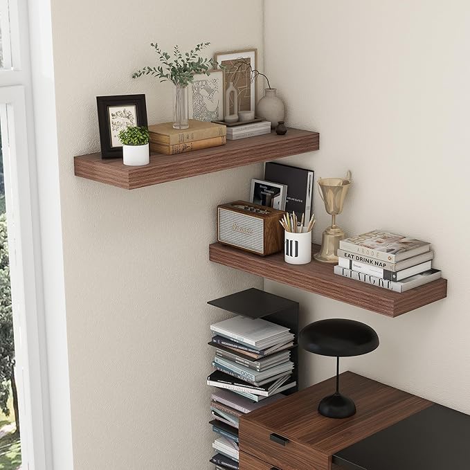 Deep Floating Shelves for Wall, 36'' x 12'' Rustic Large Floating Shelves Set of 2, 12 Inch Deep Walnut Wood Wall Shelves for Living Room Bathroom Laundry Room Bedroom Kitchen Home Office - Walnut-Ruum Studio Home