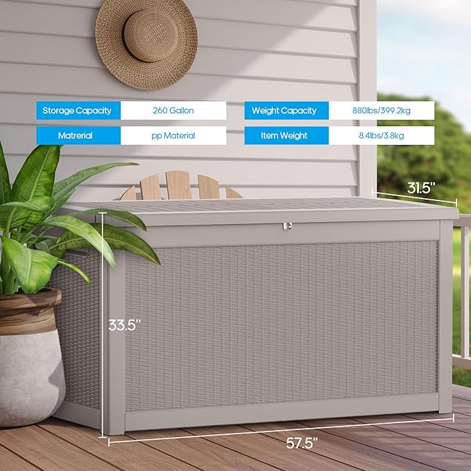 Large Deck Box 260 Gallon, Resin Patio Storage Box with Lockable Lid for Patio Furniture, Garden Tools, Pool Accessories, Weatherproof Outdoor Storage Bin, Brown-Ruum Studio Home