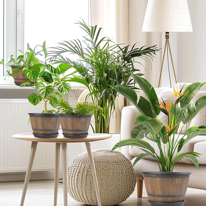 10-inch-Plant-Pots-Indoor-Outdoor, 4 Pack Whiskey Barrel Planters with Drainage Holes & Saucer, Plastic Flower Pots Imitation Wine Barrel Design, Decorative Garden Pots for Plants-Ruum Studio Home