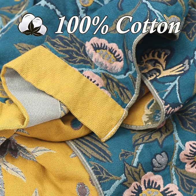 Snycler Boho Throw Blanket for Bed - 100% Cotton Ultra Soft Rustic Quilt Blanket Green Bird Floral Printed Farmhouse Decor Bed Blankets, 60"×80" All Season Rustic Throw for Sofa Couch Chair-Ruum Studio Home