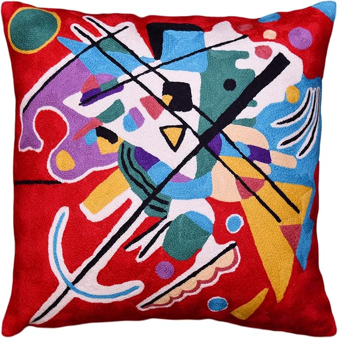 Kandinsky Modern Couch Pillow Cover - Red Painting | Abstract Toss Pillow | Modern Chair Cushion| Contemporary Pillow | Mid Century Chair Cushion | Hand Embroidered Pillow | Wool Size 18x18-Ruum Studio Home