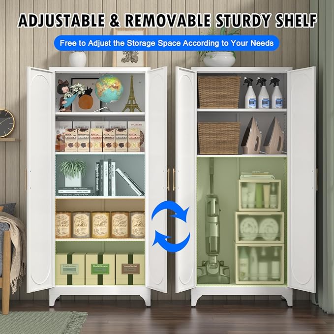 Metal Storage Cabinet with Doors and Shelves, 75 Inch Tall Kitchen Pantry Cabinet, Pantry Cabinets for Kitchen Storage, Freestanding Cupboard for Living, Dining Room, White, Assembly Required-Ruum Studio Home