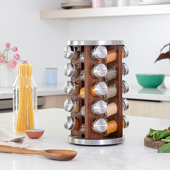 Orii 20 Jar Dark Acacia Wood Spice Rack with Spices Included - Rotating Tower Organizer for Kitchen Spices and Seasonings, (Dark Stained Acacia Wood)-Ruum Studio Home